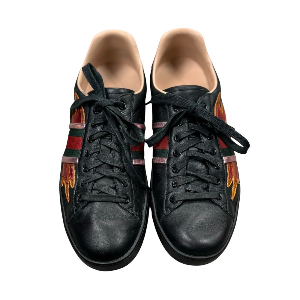 Men's GUCCI Ace Flame Black Leather Low Top Flame Lace-Up Sneakers Sz. 9 440724 - Picture 4 of 11